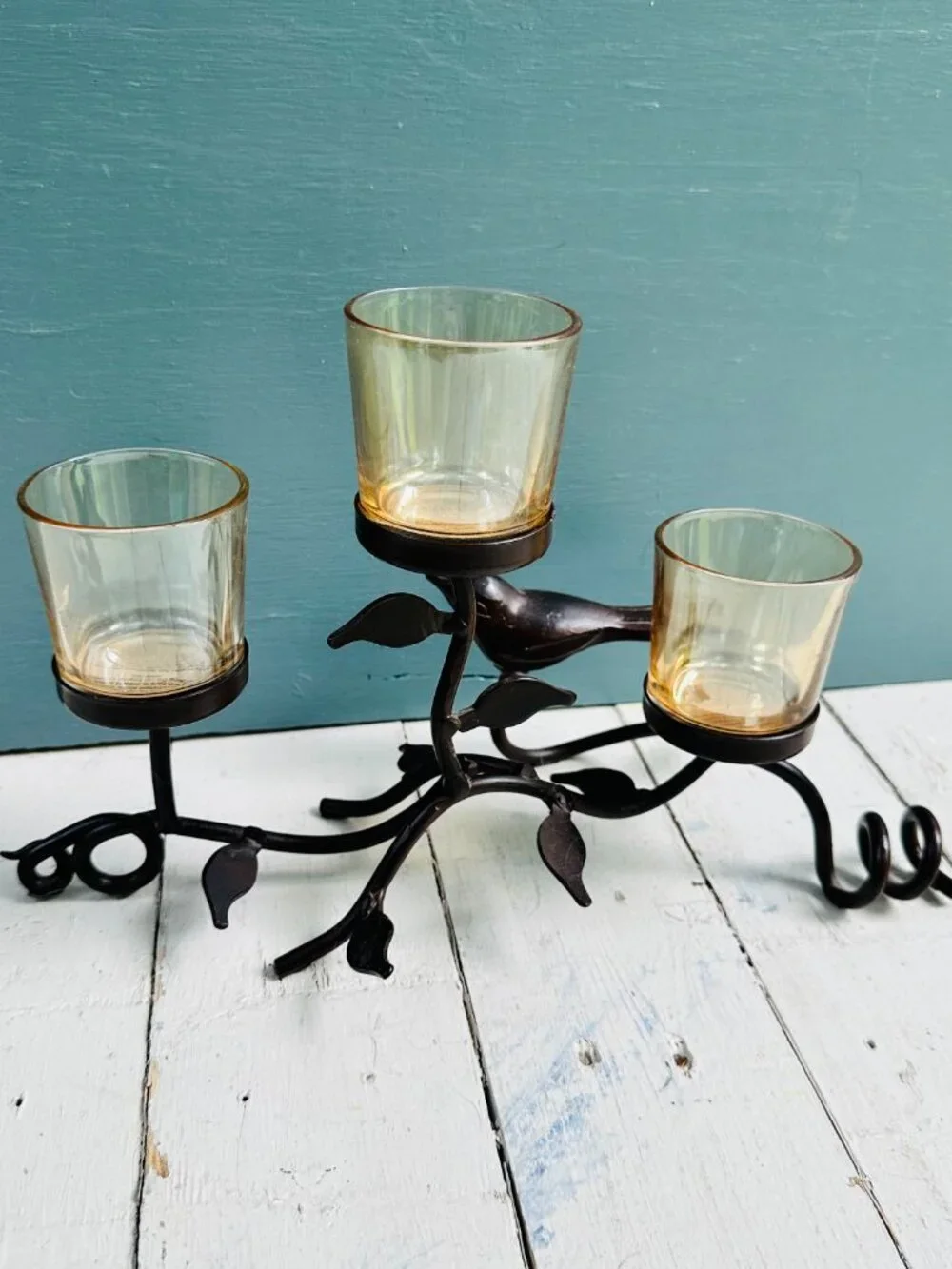 Vintage Pier 1 Metal Bird Candle Holder Triple Votive Centerpiece Wrought Iron